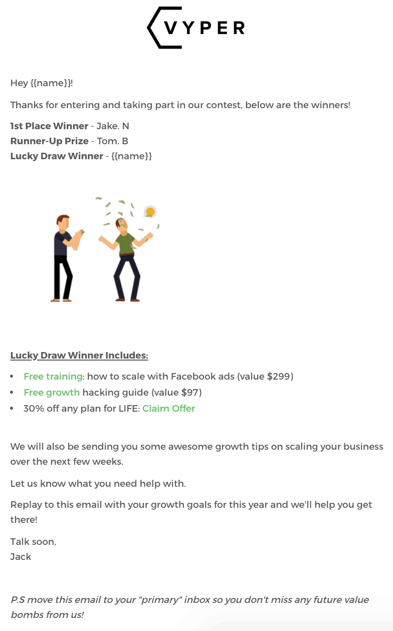 contest / giveaway thank you email